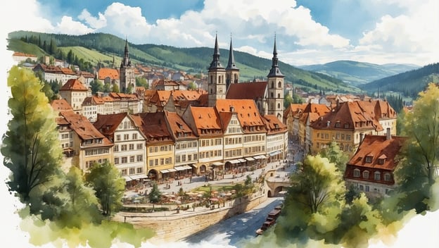 Blick auf eine malerische Stadt mit historischen Gebäuden, roten Dächern, grünen Hügeln und einem belebten Platz am Fluss.