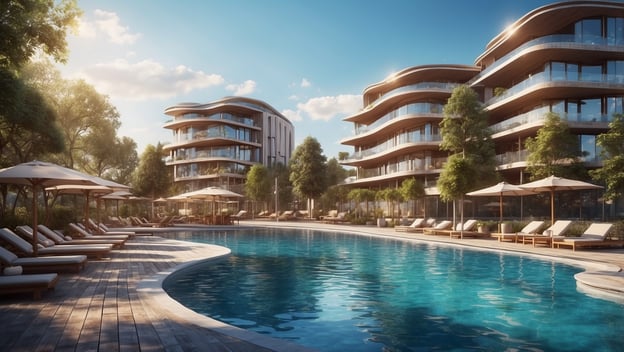 Moderner Poolbereich eines Resorts mit Liegen und Sonnenschirmen, umgeben von grüner Landschaft und eleganten Gebäuden.