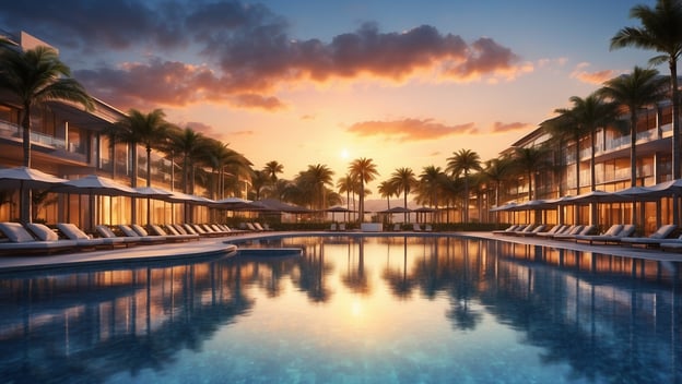 Luxuriöses Hilton Resort mit elegantem Pool, Liegen und Palmen unter einem bunten Sonnenuntergang in Florida.
