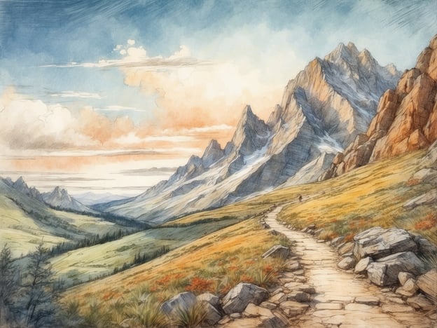 Auf dem Bild ist eine malerische Landschaft mit majestätischen Bergen, einer sanften Hügellandschaft und einem schmalen Wanderweg zu sehen. Solche Szenen findet man oft in Nationalparks, wo Besucher vielfältige Erlebnisse genießen können.Aktivitäten wie Wandern und Trekking sind besonders beliebt, da die gut markierten Pfade den Zugang zu atemberaubenden Aussichten ermöglichen. Man kann die frische Luft und die Ruhe der Natur erleben, während man möglicherweise Wildtiere beobachtet.Zusätzlich bieten viele Nationalparks Möglichkeiten zum Fotografieren, um die eindrucksvollen Landschaften und den Wechsel von Licht und Schatten festzuhalten. Die Erfahrungen in der Natur fördern nicht nur das körperliche Wohlbefinden, sondern auch das persönliche Erleben von Frieden und Schönheit. Es ist eine ideale Umgebung für Naturschutz und nachhaltigen Tourismus.
