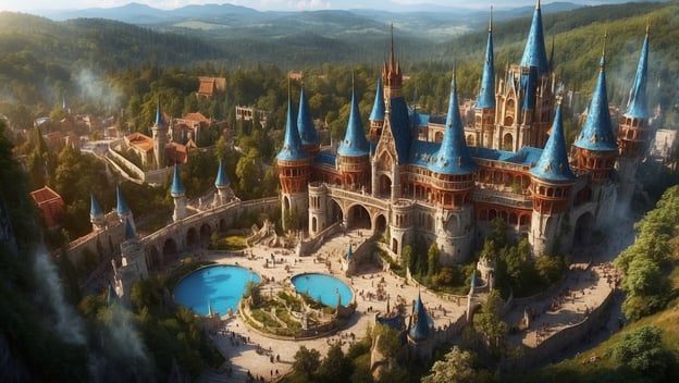 Ein großer, märchenhafter Park mit einem beeindruckenden Schloss, umgeben von Wäldern und Besuchern in einem lebhaften Umfeld.