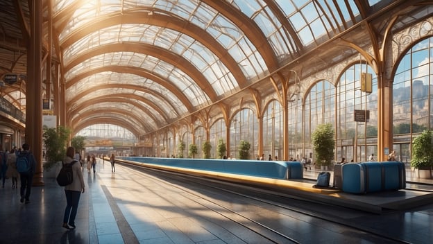 Ein heller, moderner Bahnhof mit großen Glasfenstern, Holzdetails und Reisenden an der Plattform. Pflanzen sorgen für frische Akzente.