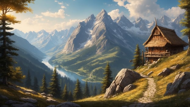 Eine malerische Berglandschaft mit einer Hütte, umgeben von hohen Bergen, einem Fluss und Nadelbäumen.