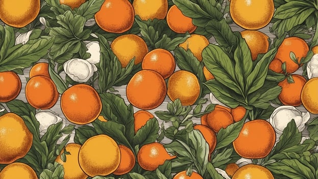 Verschiedene Orangen und Blattwerk auf einer Holzoberfläche arrangiert. Farbenfrohe und frische Darstellung.