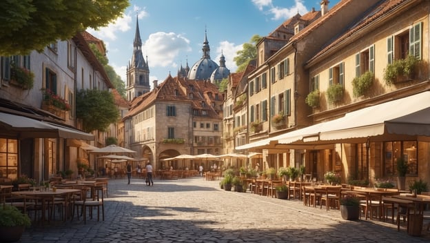 Eine malerische Gasse mit historischen Gebäuden, Cafés und Restaurants unter Sonnenschirmen, umgeben von Bäumen.