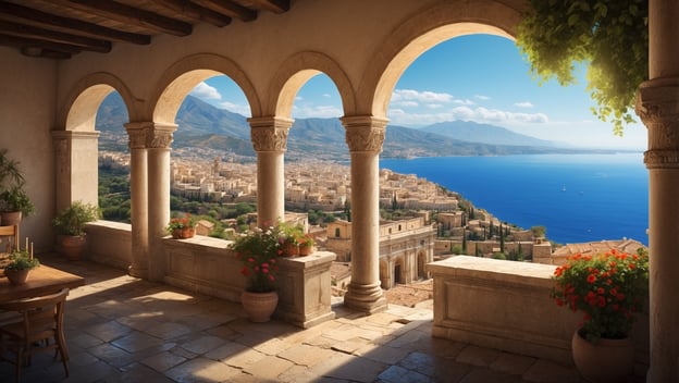 Ein Blick durch elegante Bögen auf eine Küstenlandschaft, mit modernen und historischen Gebäuden sowie einem blauen Meer.