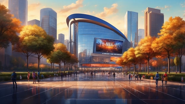 Moderne Stadtszene mit einem beeindruckenden Basketballstadion und Besucherströmen vor bunten Bäumen im Herbstlicht.