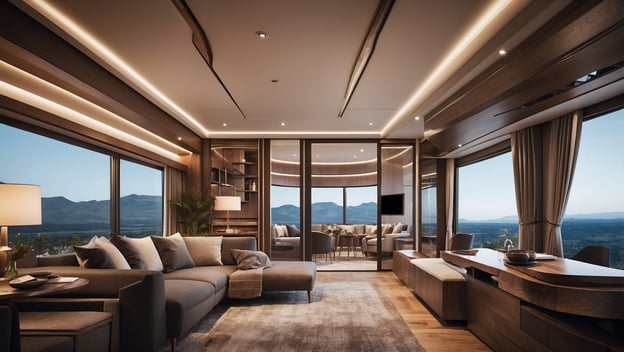 Modernes Wohnzimmer mit eleganten Möbeln, großen Fenstern und atemberaubendem Ausblick auf die Berge.