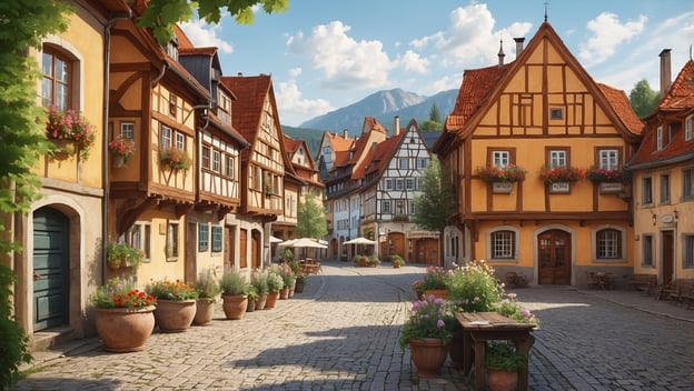 Ein malerischer Dorfplatz mit Fachwerkhäusern, blühenden Blumentöpfen und einer ruhigen Atmosphäre unter blauem Himmel.