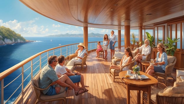 Eine Gruppe von sieben Personen entspannt sich auf einem Kreuzfahrtschiff mit Blick aufs Meer und Küstenlandschaft.