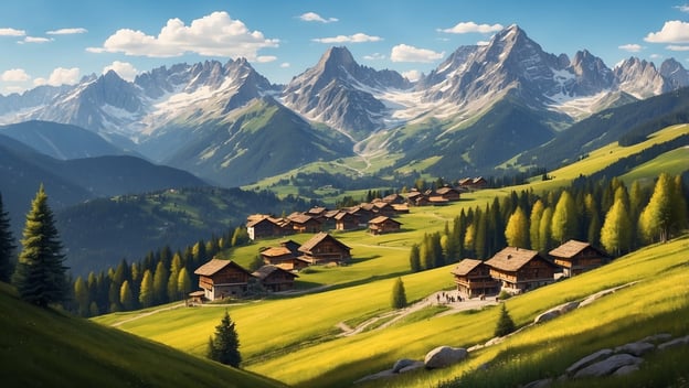 Eine malerische alpine Landschaft mit grünen Wiesen, traditionellen Holzhäusern und schneebedeckten Bergen im Hintergrund.