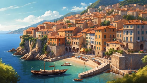 Malerei einer mediterranen Küstenstadt mit bunten Häusern, Booten im Hafen und einer sanften Bucht.