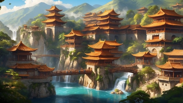 Eine malerische Landschaft mit traditionellen, pagodenartigen Gebäuden, Wasserfällen und Brücken, umgeben von grünen Bergen.