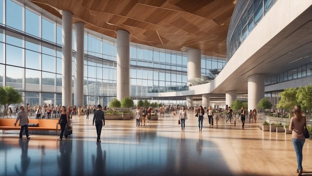 Moderne Inneneinrichtung eines Flughafens mit vielen Passagieren, großen Fenstern und Pflanzen in einem hellen, offenen Raum.