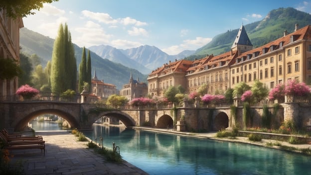 Eine malerische Stadtansicht mit einem Fluss, Brücken, historischen Gebäuden und blühenden Bäumen vor einer Bergkulisse.
