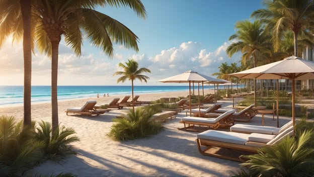 Entdecke das neue Hilton Resort am sonnigen Florida Strand mit Liegen, Sonnenschirmen und Palmen am Strand.