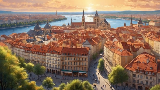 Blick über eine malerische Stadt mit roten Dächern, Kirchen und Fluss im Hintergrund, bei Sonnenuntergang.