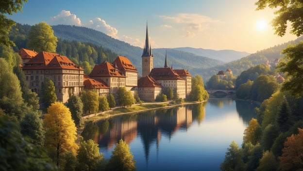 Idyllische Landschaft mit historischen Gebäuden am Ufer eines Flusses, umgeben von Bergen und Wald. Sonnenuntergangsstimmung.