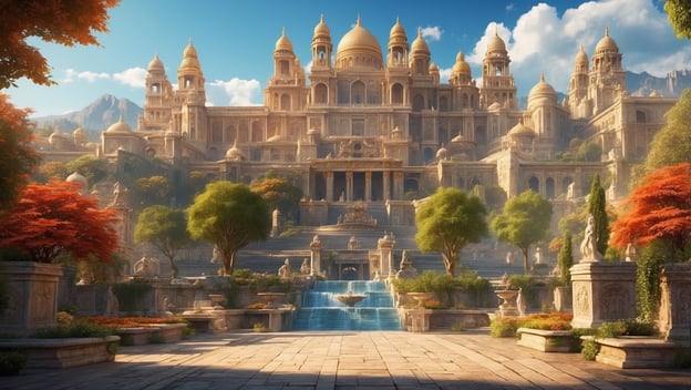 Prächtiges Bauwerk mit goldenen Kuppeln, umgeben von Bäumen und Blumen, vor einem Wasserfall in einer idyllischen Landschaft.