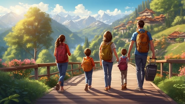 Eine Familie mit Rucksäcken geht auf einem Holzsteg in eine grüne, bergige Landschaft mit einem Dorf im Hintergrund.