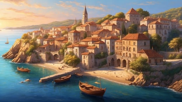 Eine malerische Küstenstadt mit hellen Häusern, roten Dächern, Booten im Wasser und einem Strand unter einem klaren Himmel.