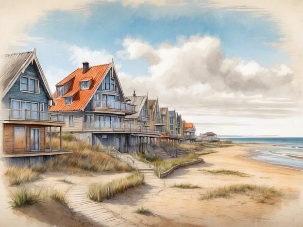 Mehrere Strandhäuser mit unterschiedlichen Dachfarben stehen in einer Reihe entlang eines Sandstrandes. Die Häuser sind modern gestaltet und verfügen über Balkone mit Blick auf das Meer. Sanddünen mit Gras befinden sich im Vordergrund, während im Hintergrund das Meer sanft an den Strand schlägt. Der Himmel ist teilweise bewölkt mit wenigen blauen Abschnitten und gibt der Szene ein friedliches Ambiente.
