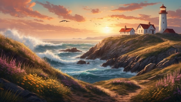 Ein malerischer Leuchtturm steht auf einem Hügel, umgeben von blühenden Wiesen, wilden Wellen und einem goldenen Sonnenuntergang.
