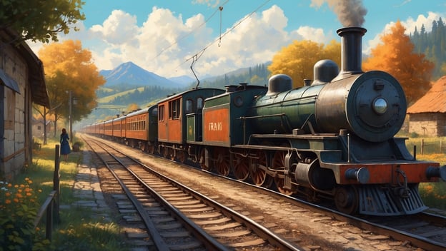 Eine dampfbetriebene Lokomotive steht auf einer Bahnlinie. Im Hintergrund sind Berge und Herbstbäume zu sehen. Eine Person schaut zu.