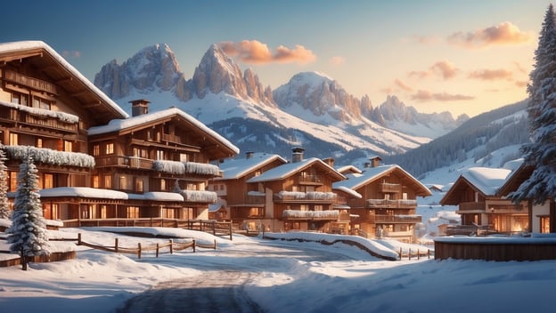 Eine winterliche Landschaft mit Holzchalets, schneebedeckten Bäumen und majestätischen Berggipfeln im Hintergrund.