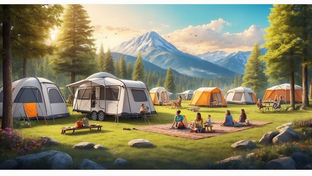 Eine idyllische Campinglandschaft mit Zelten, einem Wohnwagen und Familien, die auf einer Wiese entspannen. Gebirgshorizont im Hintergrund.