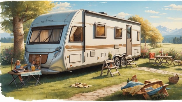 Ein moderner Wohnwagen steht in einer grünen Wiese, umgeben von Tisch, Stühlen und spielenden Kindern.