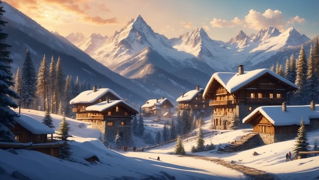 Schneebedeckte Berge umgeben ein malerisches Chalet-Dorf mit Tannenbäumen und sanftem Licht bei Sonnenuntergang.
