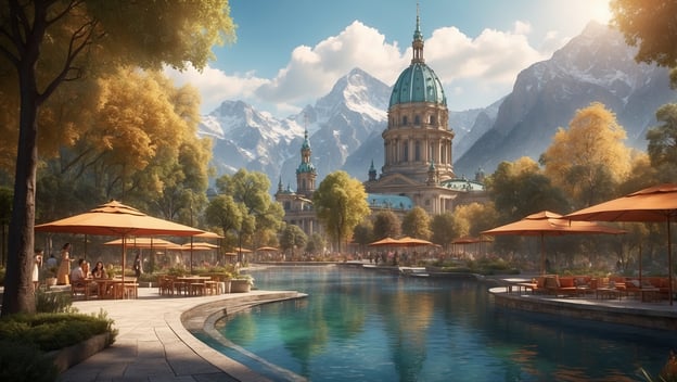 Eine malerische Landschaft mit einem großen, historischen Gebäude, umgeben von Bergen und bunten Bäumen, neben einem klaren Wasserlauf.