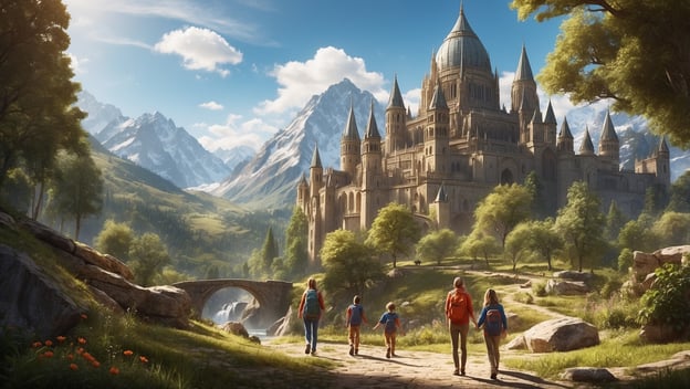 Familie wandert auf einem Pfad zu einem majestätischen Schloss, umgeben von Bergen und üppiger Natur.