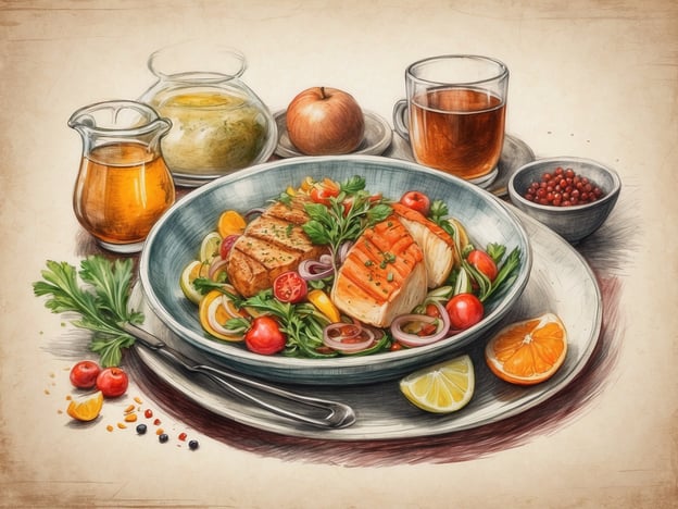 Auf dem Bild ist eine kulinarische Szene mit einem liebevoll angerichteten Gericht zu sehen. Es handelt sich um ein Hauptgericht mit Fisch, das vermutlich eine traditionelle litauische Zubereitungsart widerspiegelt. Dazu sind frische Salatzutaten wie Tomaten, Gurken und Kräuter angerichtet, die für die litauische Küche typisch sind, die oft frische, saisonale Produkte verwendet.Zusätzlich sieht man verschiedene Beilagen wie ein dunkles Getränk und möglicherweise eine Brühe oder ein Dressing in Gläsern, was die Vielfalt der Aromen in der litauischen Küche unterstreicht. Die Verwendung von Zitrusfrüchten wie Limetten und Orangen kann darauf hinweisen, dass das Gericht frisch und lebendig im Geschmack ist. Diese Kombination spiegelt die kulinarische Vielfältigkeit und den Reichtum der litauischen Esskultur wider.