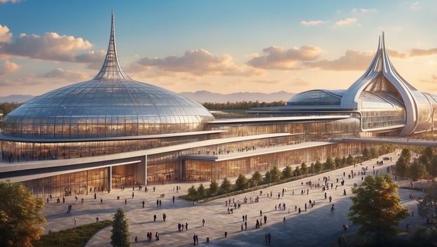 Moderne Architektur eines Gebäudes mit gläsernem Dach und hohen Türmen, umgeben von Menschen und Bäumen.