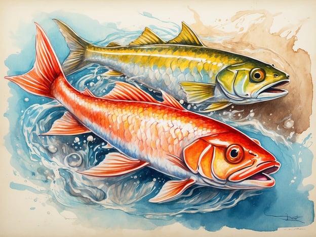 Auf dem Bild sind zwei farbenfrohe Fische im Wasser dargestellt. Diese kulinarischen Highlights, die für viele Küchen weltweit von Bedeutung sind, können verschiedene Zubereitungsarten anregen.
Der rote Fisch könnte ein Hinweis auf Lachs sein, der für seine zarten Filets und seinen reichen Geschmack bekannt ist und oft gegrillt, geräuchert oder roh in Sushi verwendet wird.
Der grüne Fisch ähnelt möglicherweise einer Forelle oder einem anderen Süßwasserfisch, der ebenfalls vielfältig zubereitet werden kann, sei es gebraten, gebacken oder in einer Fischsuppe. Beide Sorten repräsentieren die Frische und Vielfältigkeit, die die Meeres- und Süßwasserfischküche bietet.