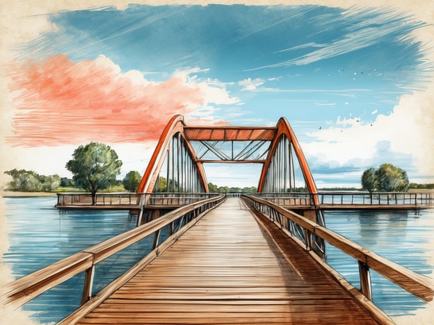 Das Bild zeigt eine malerische Holzbrücke, die über einen ruhigen Wasserweg führt. Die Brücke hat ein auffälliges rotes Design und ist von üppigem Grün umgeben. Aktivitäten, die man an diesem Ort genießen könnte, sind:1. **Spaziergänge**: Die Brücke lädt zu entspannenden Spaziergängen ein, während man die Aussicht auf das Wasser und die Natur genießen kann.2. **Fotografie**: Die schöne Landschaft und die Architektur der Brücke bieten großartige Fotomotive, ideal für Hobby- und Profifotografen.3. **Wassersport**: In der Nähe könnte man Aktivitäten wie Kajakfahren oder Angeln unternehmen, was ideal für Natur- und Wasserliebhaber ist.4. **Picknicken**: Die Umgebung bietet möglicherweise einige ruhige Plätze, die perfekt für ein Picknick im Freien sind.Insgesamt ist dieser Ort ideal, um die Natur zu genießen und verschiedene Freizeitaktivitäten zu erleben.