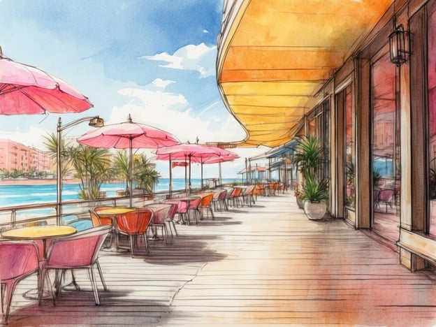Auf dem Bild ist eine einladende Promenade mit bunten Café-Terrassen zu sehen. Die Tische und Stühle in lebhaften Farben sind unter pinken Sonnenschirmen angeordnet, was eine fröhliche Atmosphäre schafft. Im Hintergrund sieht man Wasser, möglicherweise einen Pool oder das Meer, sowie Palmen, die für tropisches Flair sorgen.
Solch ein Ort könnte eine perfekte Unterkunft für verschiedene Geschmäcker bieten:
1. **Luxuriös**: Ein hochklassiges Hotel mit Blick auf das Wasser, das exquisite Restaurants und Wellnessangebote hat.
2. **Romantisch**: Ein Boutique-Hotel für Paare, das private Balkone und intime Essensmöglichkeiten am Wasser bietet.
3. **Familienfreundlich**: Ein Resort mit vielen Aktivitäten für Kinder, Pools und Familienzimmer.
4. **Budgetfreundlich**: Ein einfaches Café oder eine Pension mit gemütlichen, aber erschwinglichen Unterkünften.
Diese Vielfalt macht den Ort attraktiv für jeden Reisenden!