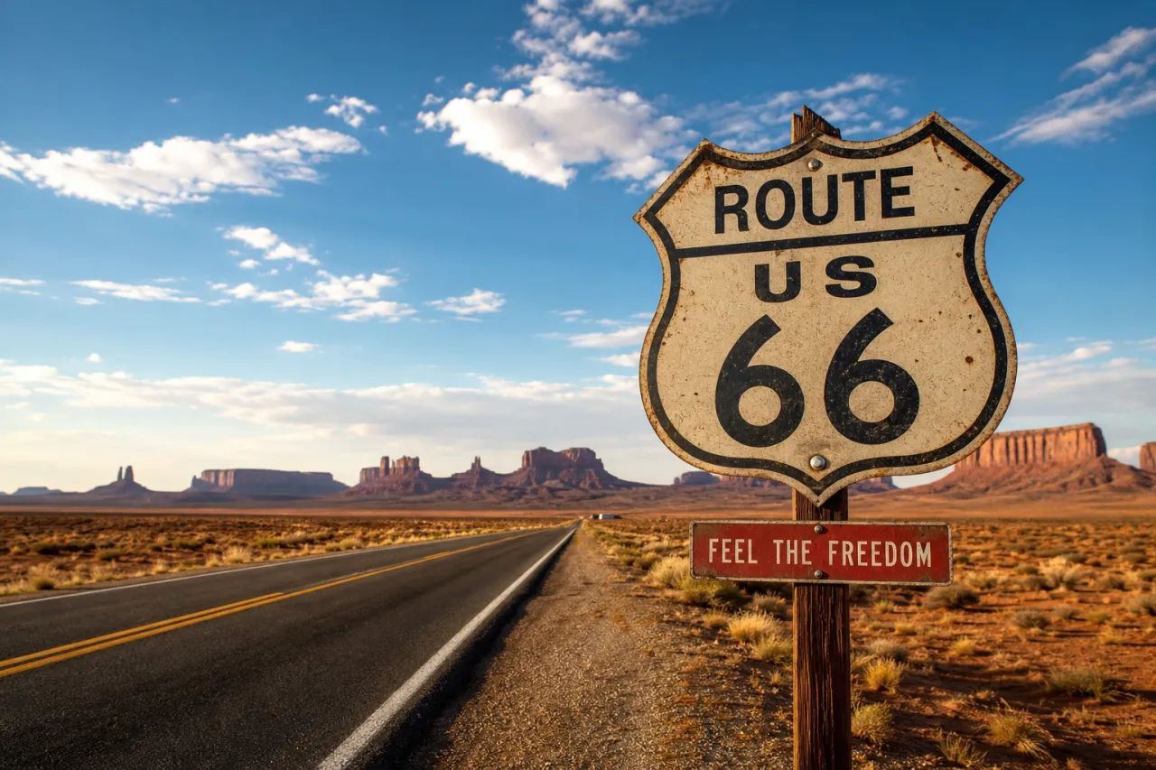 Route 66-Schild in der amerikanischen Wüste, blauer Himmel, weite Landschaft