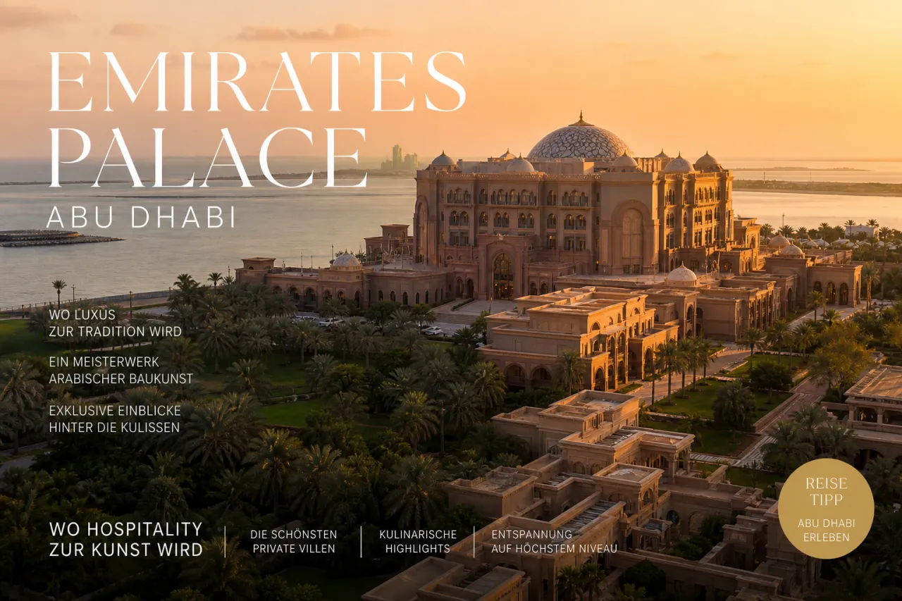 Emirates Palace Abu Dhabi bei Sonnenuntergang, goldene Kuppeln über dem Arabischen Golf