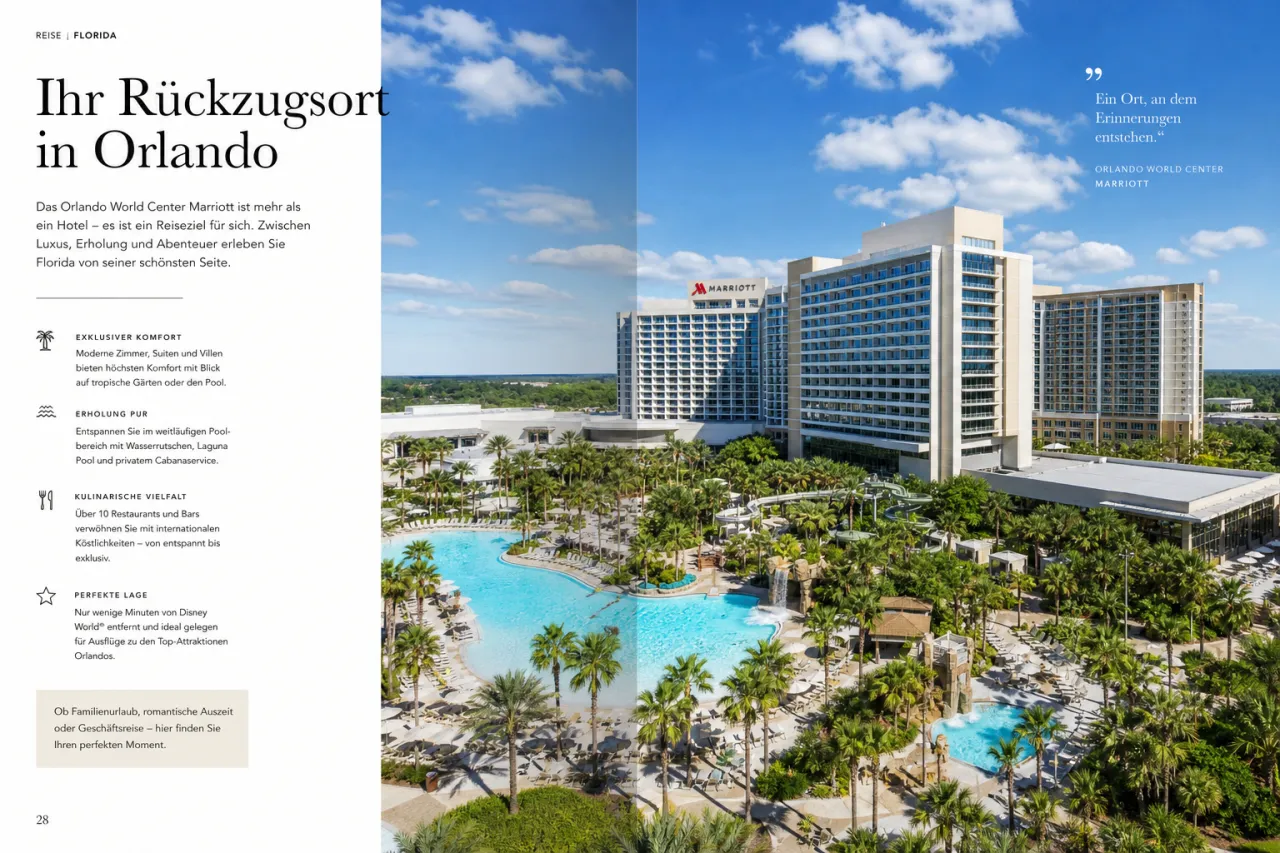 Außenansicht des Orlando World Center Marriott mit Poolanlage und Palmen im Sonnenlicht