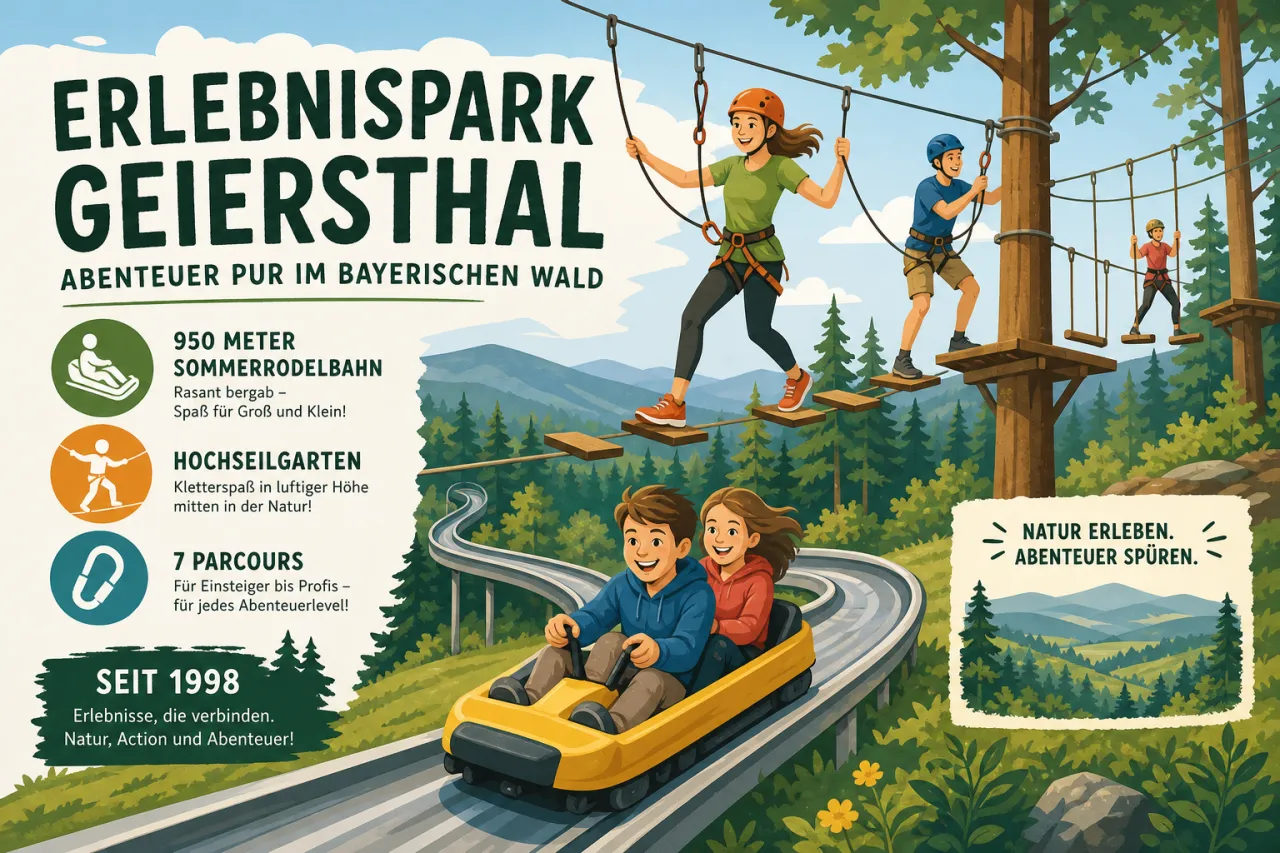 Erlebnispark Geiersthal: Adventure-Park im Bayerischen Wald mit 950 Meter Sommerrodelbahn, Hochseilgarten und sieben Parcours seit 1998