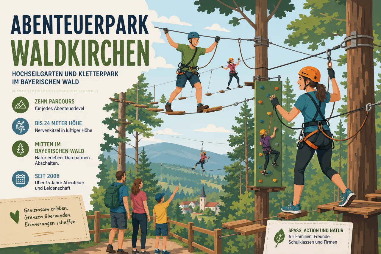 Abenteuerpark Waldkirchen: Hochseilgarten und Kletterpark im Bayerischen Wald mit zehn Parcours bis 24 Meter Höhe seit 2008