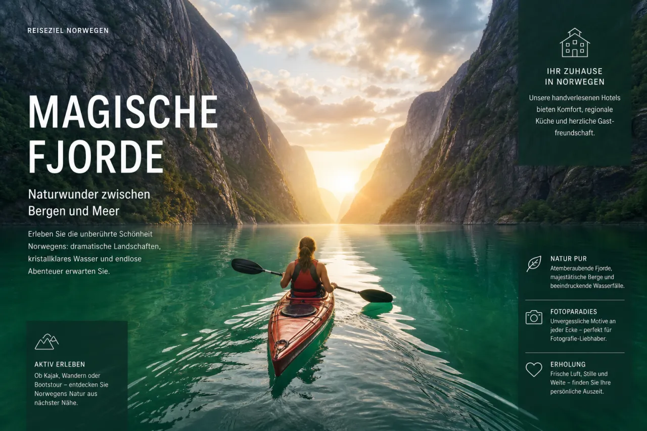 Kajakfahrer in einem norwegischen Fjord, umgeben von steilen Felswänden und ruhigem Wasser