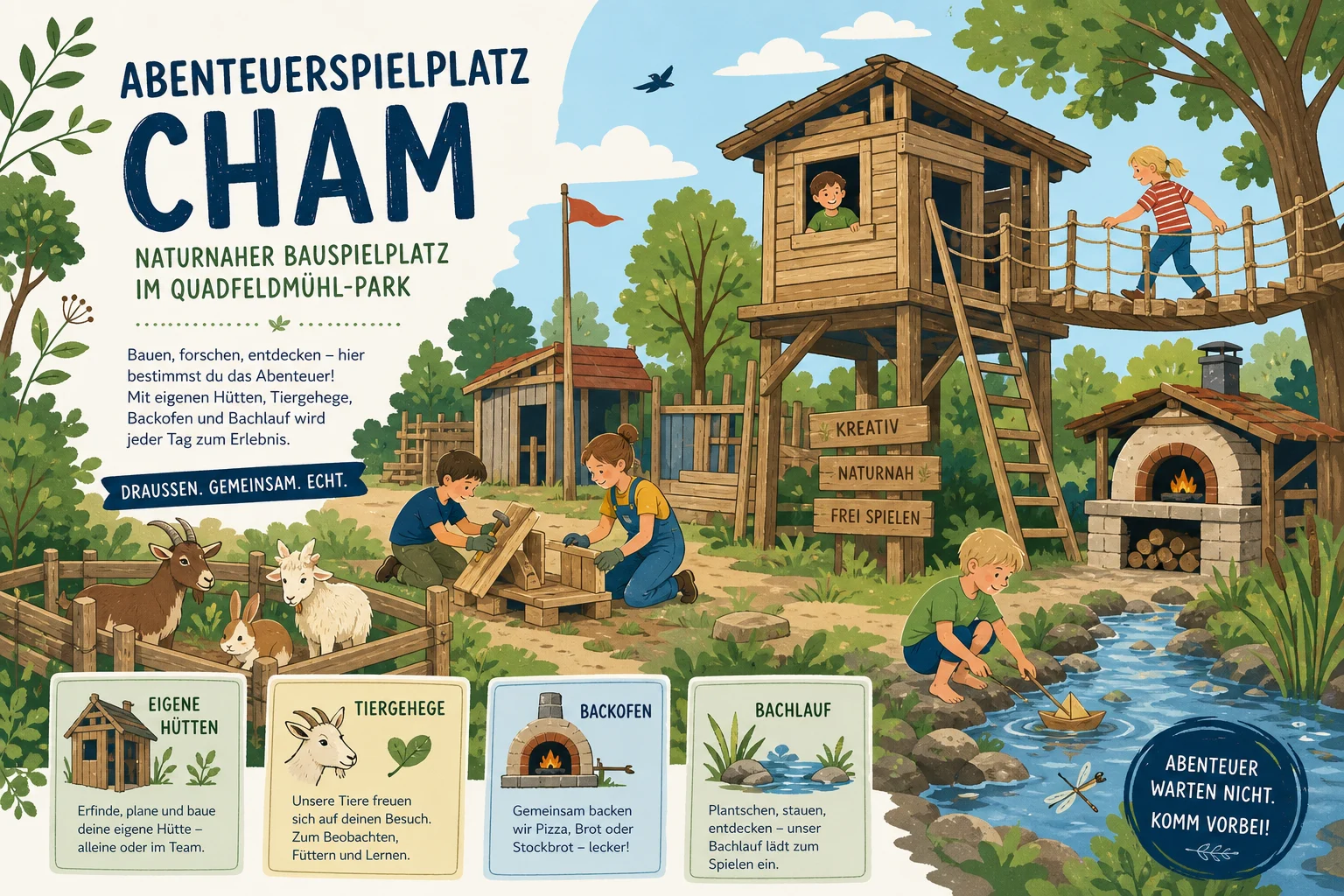 Abenteuerspielplatz Cham — naturnaher Bauspielplatz im Quadfeldmühl-Park mit eigenen Hütten, Tiergehege, Backofen und Bachlauf in der Oberpfalz