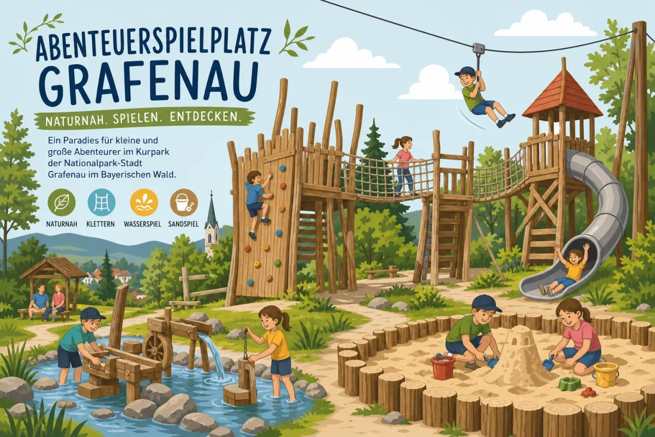 Abenteuerspielplatz Grafenau — naturnaher Familien-Spielplatz im Kurpark der Nationalpark-Stadt Grafenau im Bayerischen Wald mit Holz-Klettergerüsten, Seilbahn, Wasserspielanlage und großem Sandkasten