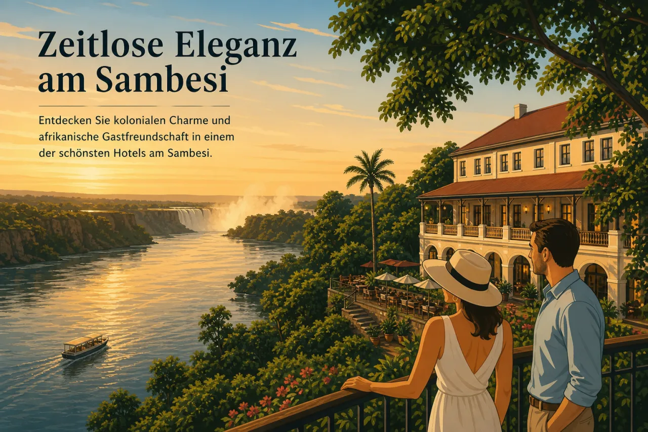 Blick auf den Sambesi bei Sonnenuntergang, Royal Livingstone Victoria Falls Hotel, Sambia