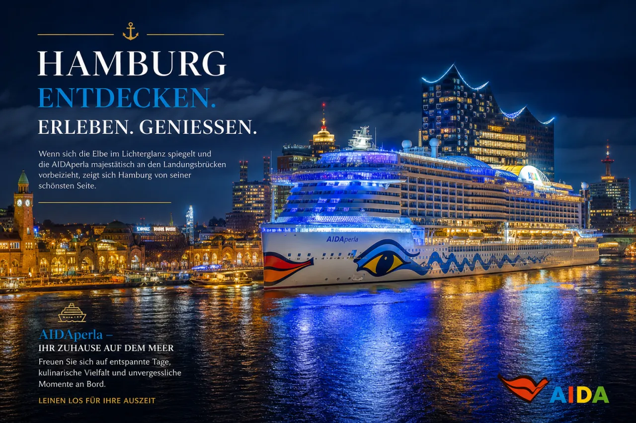 AIDAperla beleuchtet auf der Elbe beim Hafengeburtstag Hamburg 2026, Landungsbrücken im Hintergrund