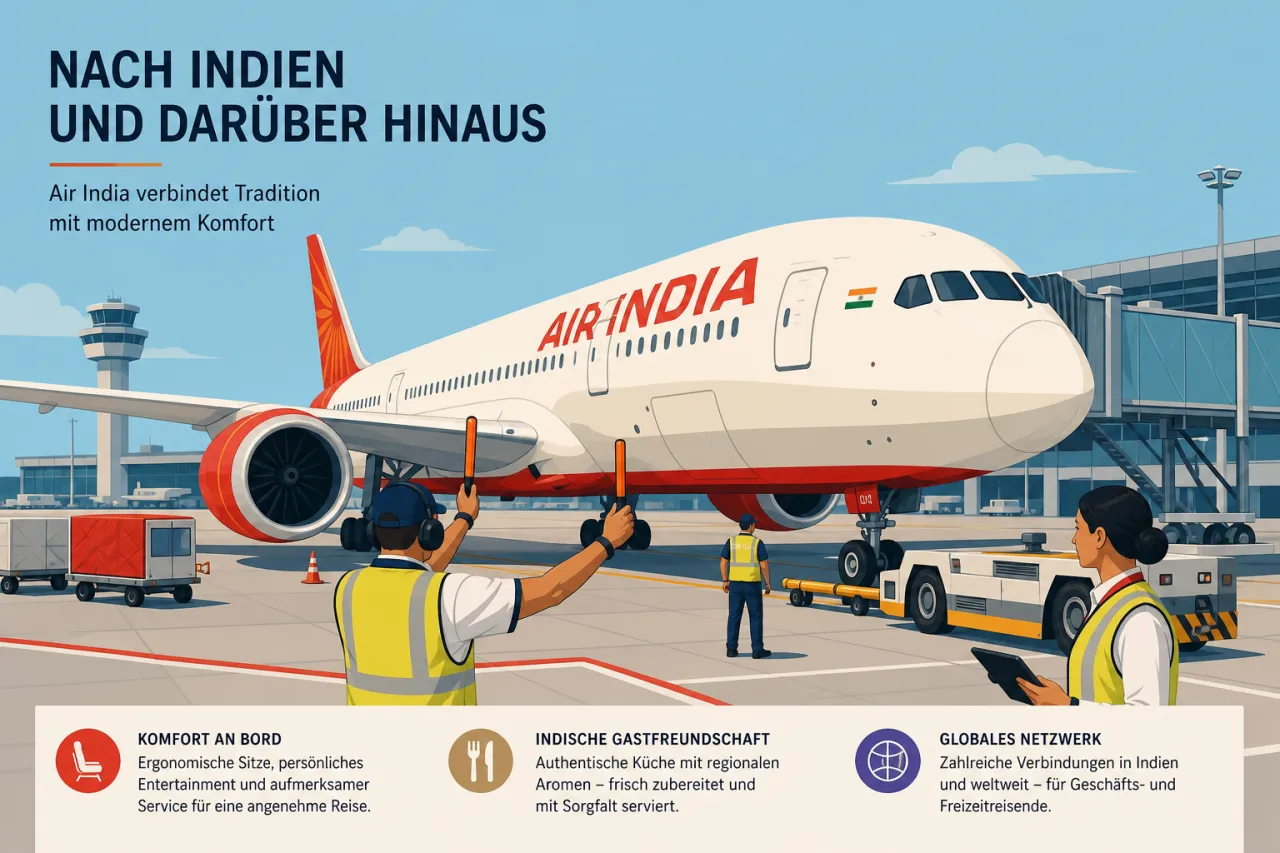 Air India Flugzeug am Gate mit Servicepersonal auf dem Vorfeld